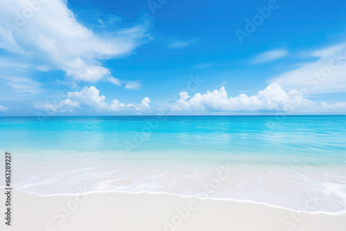 Showcasing Beautiful Sandy Beach With White Sand And Calm Turquoise Ocean Waves On Sunny Day, With White Clouds Reflected In The Water, Creating Perfect Scenery Landscape © Anastasiia