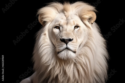 The Majestic White Lion King  Portrait Of Ragnificent White Lion On Black Background  Wildlife Depiction