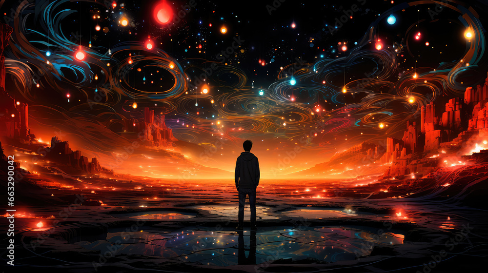 A lonely figure stands on a dark beach, peering into the vast expanses of the digital world. Gloomy atmospheric illustration. Generative AI A lonely figure stands on a dark beach, peering into the vast expanses of the digital world. Gloomy atmospheric illustration. Generative AI