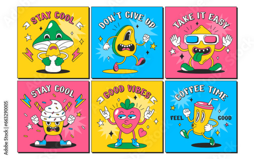 Trendy psychedelic square posters with funny characters. Modern colorful flyers with groovy avocado, heart, mushroom, cupcake and coffee cup. Cartoon cards design elements with comic faces. Stay cool.