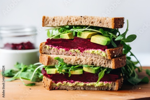 Vegan Sandwiches Featuring Beetroot Hummus  Beet  Cheese  Avocado  And Arugula