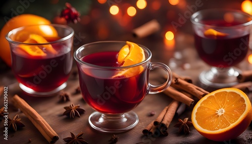 Christmas mulled wine in an Irish glass on a wooden table, cinnamon, star anise and fresh orange