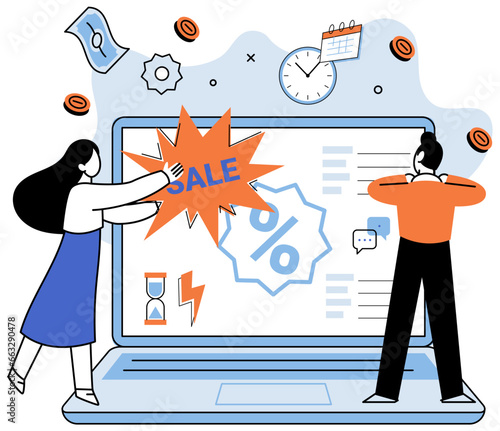 Promotion discount sale. Vector illustration. Forecast of future sales, beacon of light in foggy future of business Flash sale online, blitz of bargain hunting in virtual world Sales index, pulse