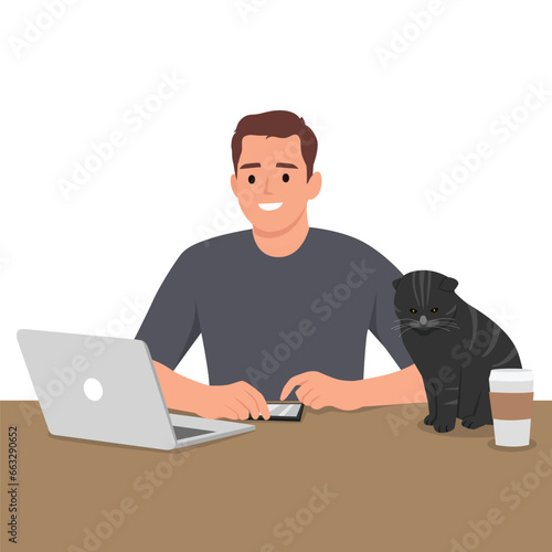 Man working at the table with a cat and coffee on the table. Flat vector illustration isolated on white background