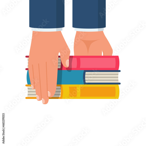 Books holding in hand. A stack of books in the hands of a man. Education and reading new literature. Vector illustration flat design. Isolated on white background.