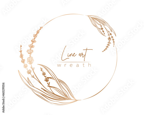 Botanical gold line illustration of lavender flower branch wreath for wedding invitation and cards, logo design, web, social media and posters template. Elegant minimal styl efloral vector isolated.	