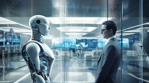 Amid the dynamic flow of an office, a humanoid robot assistant stands alongside a human counterpart, symbolizing a powerful partnership where humans and robots enhance each other's 