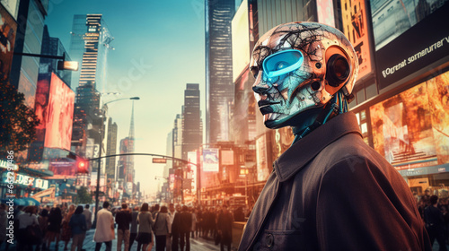 A modern city's energetic rhythm envelops an AI robot, standing as a testament to the city's progress in adopting artificial intelligence for various aspects of urban living. 