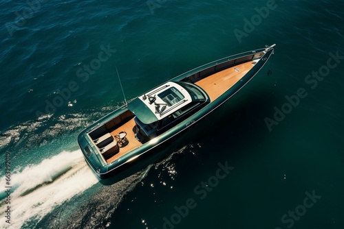 overhead view of an open fishing boat with a black canvas center console powered by two outboard engines. Generative AI © Farrah