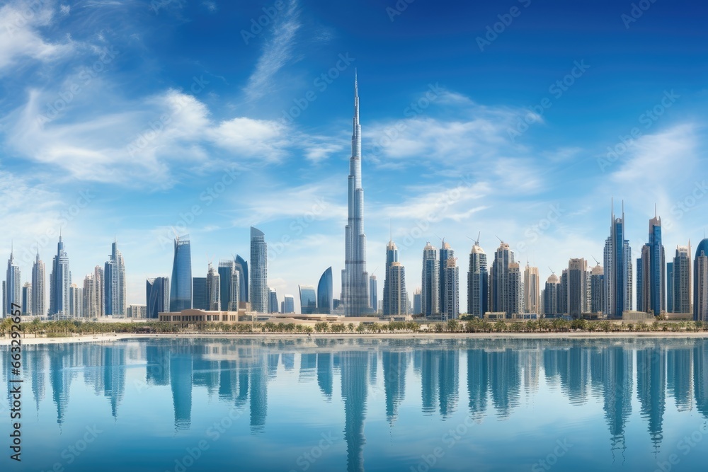 Dubai downtown in Dubai, United Arab Emirates. Dubai was the fastest developing city in the world between 2002 and 2008, Dubai Business Bay panoramic view, UAE, AI Generated