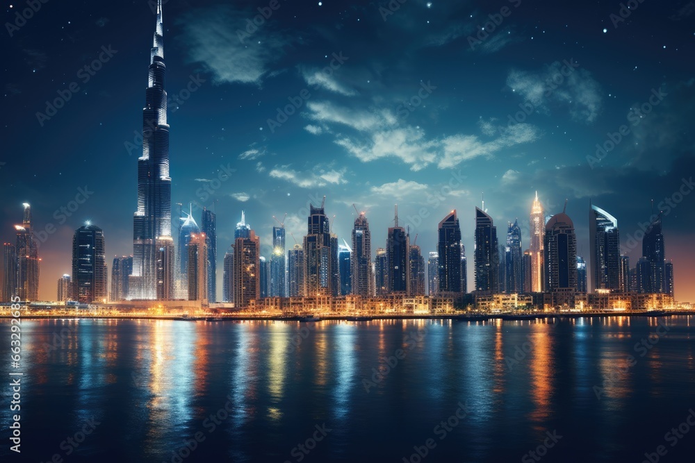 Fototapeta premium Dubai skyline at night, United Arab Emirates. Dubai is the fastest growing city in the world, Dubai city by night, AI Generated