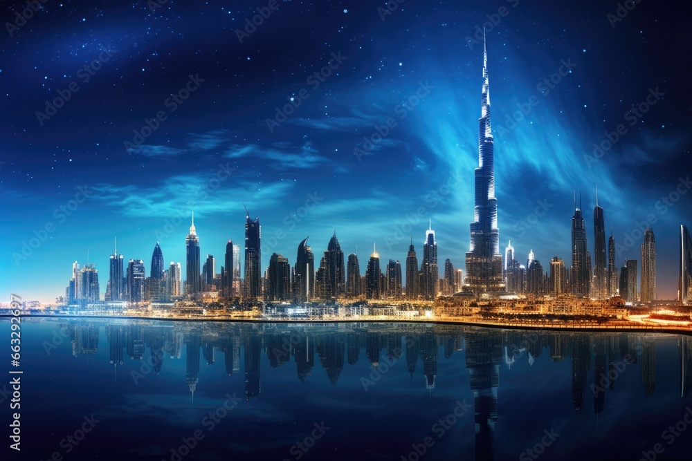 Fototapeta premium Dubai skyline at night with starry sky, United Arab Emirates, Dubai Panoramic Night View, AI Generated