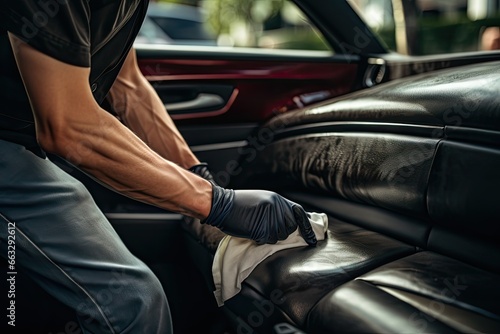 Close-up of the hands of a man in a protective glove cleaning the car, Dry wash cleaner is removing dirt and dust from car seat , AI Generated