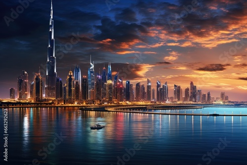 Dubai Marina at sunset in Dubai, UAE. Dubai was the fastest developing city in the world between 2002 and 2008, Dubai and the Persian gulf at evening, AI Generated
