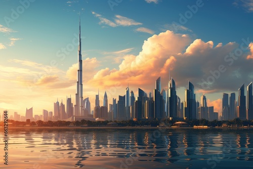 Dubai skyline at sunset, United Arab Emirates. 3d rendering, Dubai and the Persian gulf at evening, AI Generated