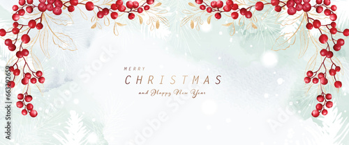 Christmas and winter watercolor red berries and gold leaves background