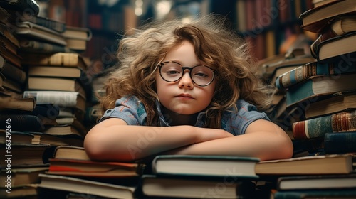 boy with glasses sitting in a pile of books in library, in the style of reimagined by industrial light and magic, schoolgirl lifestyle