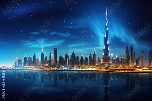 Dubai skyline at night with starry sky  United Arab Emirates  Dubai Panoramic Night View  AI Generated