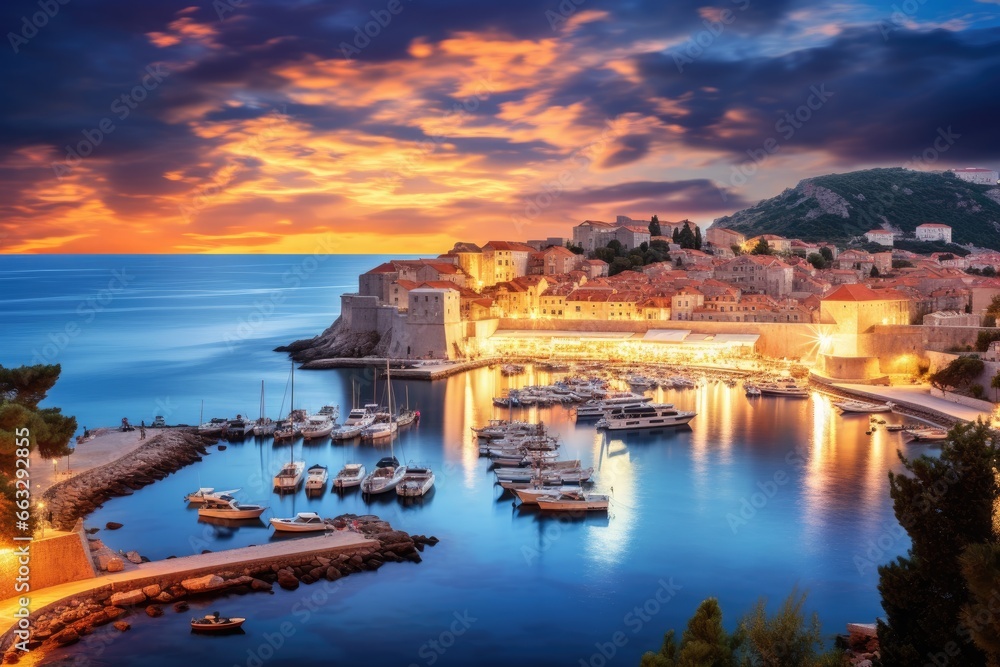Fototapeta premium Dubrovnik old town at sunset, Croatia. Panoramic view, Dubai sunset view of downtown covered with clouds, AI Generated