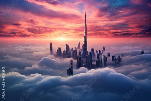 Aerial view of Dubai cityscape at sunset, United Arab Emirates, Dubai sunset view of downtown covered with clouds, AI Generated photo