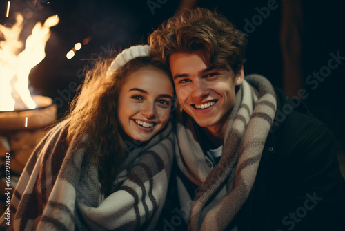 beautiful smiling couple sitting and warming up near bonfire in camping zone in the forest