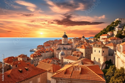 Dubrovnik old town at sunset, Croatia. Adriatic Sea, Dubai sunset view of downtown covered with clouds, AI Generated