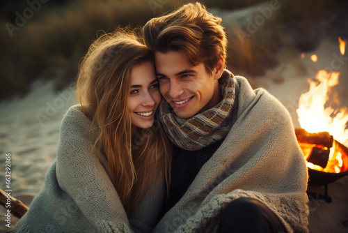 beautiful smiling couple sitting and warming up near bonfire in camping zone in the forest