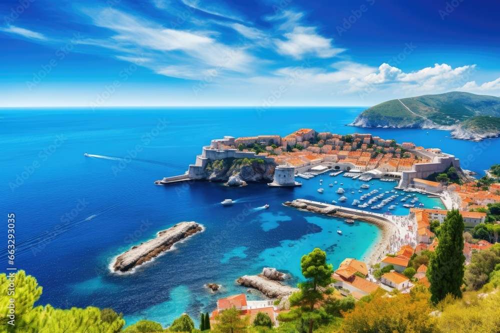 Panoramic aerial view of Dubrovnik old town in Croatia, Dubrovnik landscape. / Aerial view at famous european travel destination in Croatia, Dubrovnik old town, AI Generated - obrazy, fototapety, plakaty 