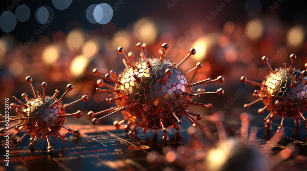 Virus in abstract technology background. Computer digital image. Sars disease, coronaviruses in the lung. - obrazy, fototapety, plakaty 
