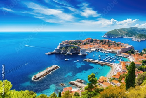 Panoramic aerial view of Dubrovnik old town in Croatia, Dubrovnik landscape. / Aerial view at famous european travel destination in Croatia, Dubrovnik old town, AI Generated photo
