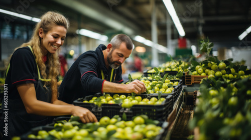 Young female and male workers sorting green apples in boxes at fruit warehouse. Working in organic food factory. © AS Photo Family