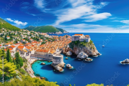 Dubrovnik old town in Croatia. Panoramic aerial view, Dubrovnik landscape. / Aerial view at famous european travel destination in Croatia, Dubrovnik old town, AI Generated