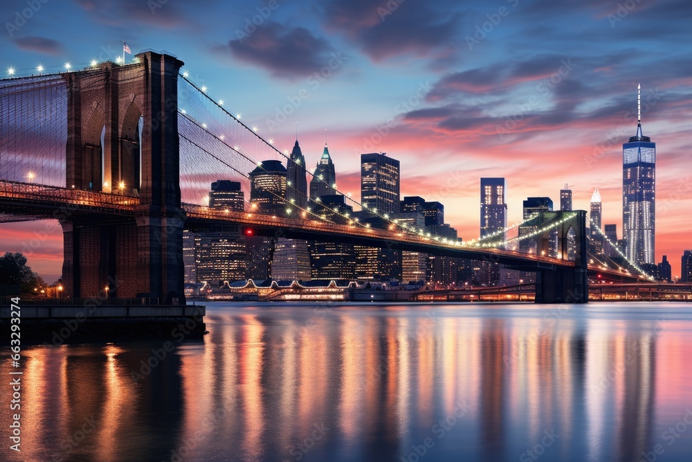 Brooklyn Bridge and Manhattan skyline at sunset, New York City, East River mit Blick auf Manhattan und die Brooklyn Bridge, New York, USA, AI Generated