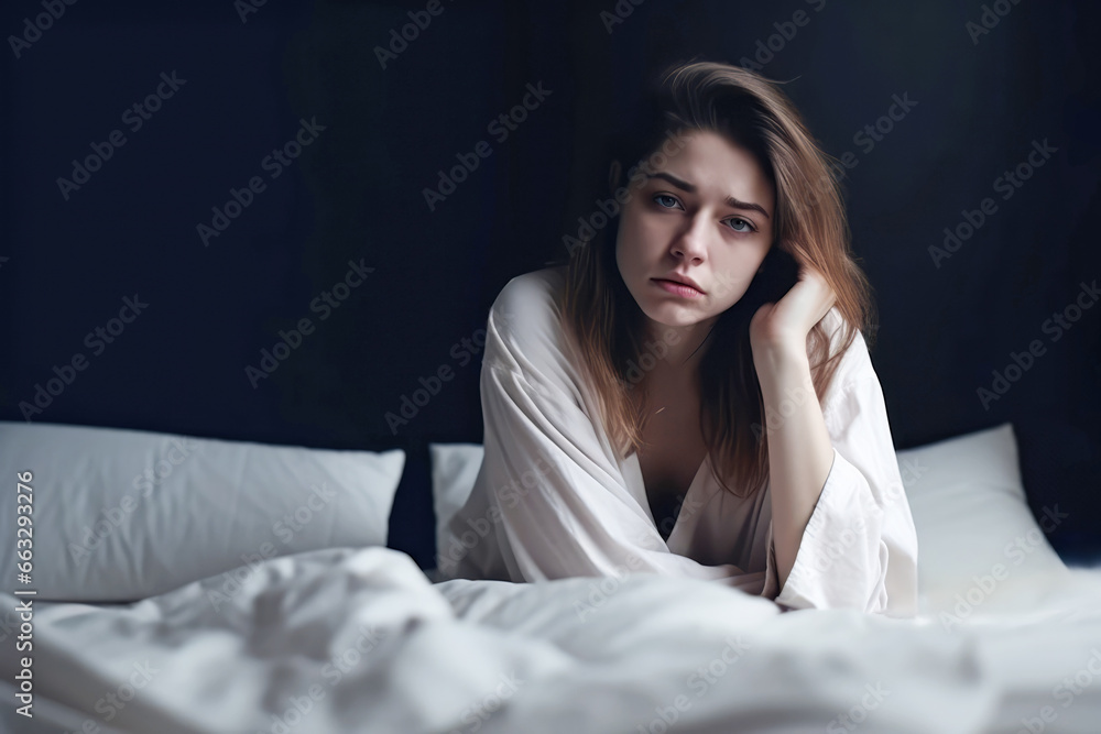 Junge Frau sitzt wach und unausgeschlafen in ihrem Bett Junge Frau sitzt wach und unausgeschlafen in ihrem Bett