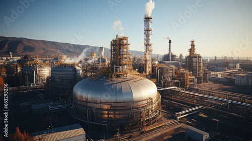 Aerial view of oil and gas industry refinery, petrochemical plant.
