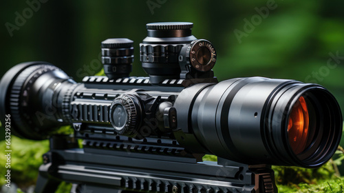 Rifle scope sight aiming weapon on nature green background.