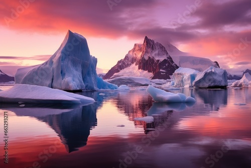 Ice formations and icebergs in Glacier Lagoon, Iceland, Europe, Early morning summer alpenglow lighting up icebergs during midnight season, AI Generated