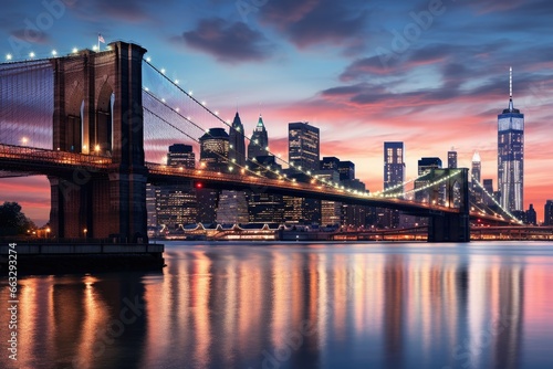 Brooklyn Bridge and Manhattan skyline at sunset  New York City  East River mit Blick auf Manhattan und die Brooklyn Bridge  New York  USA  AI Generated