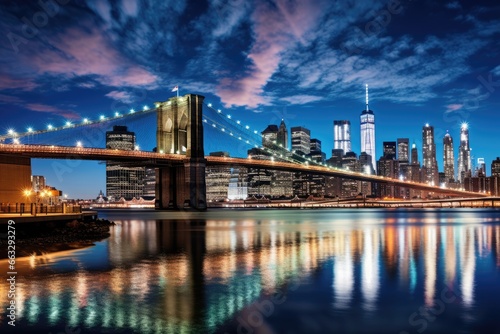 Night view of Manhattan skyline and Brooklyn Bridge  New York City  East River mit Blick auf Manhattan und die Brooklyn Bridge  New York  USA  AI Generated