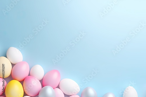 Easter eggs on blue pastel background. Happy Easter concept  Easter party concept. Top view photo of easter bunny ears white pink blue and yellow eggs on isolated pastel blue  AI Generated