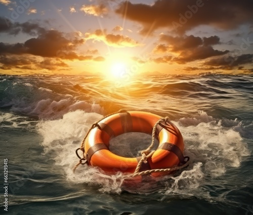 Lifebelt, help concept, buoy, survivor in distress on stormy seas, sos, generative ai