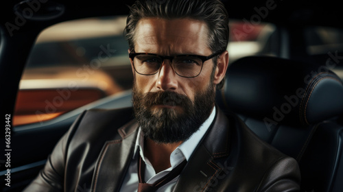 Handsome bearded man in a leather jacket and glasses is driving a car.