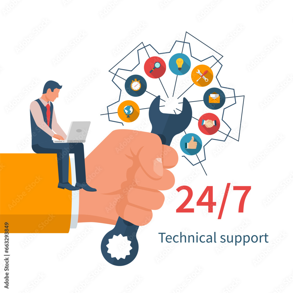 User support and data protection. Customer support. Operator call center and a set icon of services. Abstract vector illustration of a flat design. Vector illustration flat design. User support and data protection. Customer support. Operator call center and a set icon of services. Abstract vector illustration of a flat design. Vector illustration flat design.
