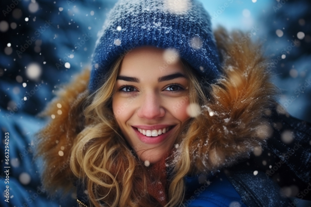 portrait of a smiling happy girl in snowy winter portrait of a smiling happy girl in snowy winter