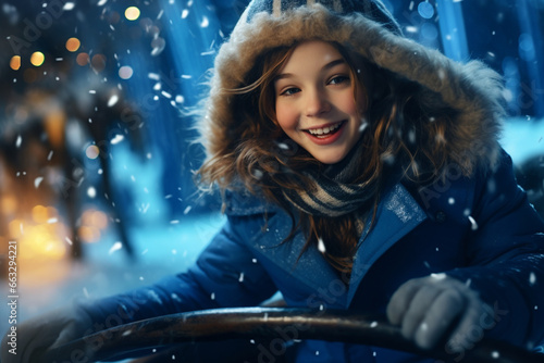 portrait of a beautiful smiling happy girl in snowy winter