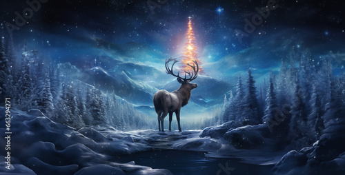 christmas deer in the night, deer in the forest, deer in the snow