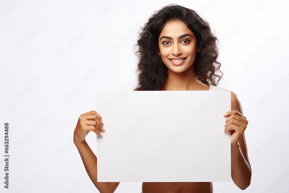 Indian businesswoman or employee showing at empty banner Indian businesswoman or employee showing at empty banner