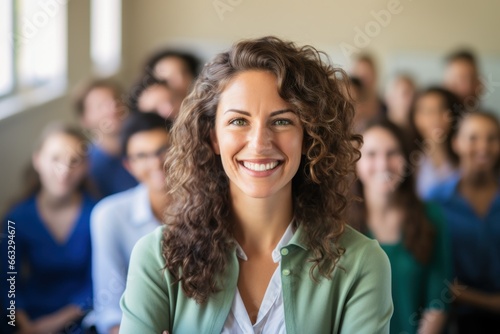 Female teacher standing and smiling while a classroom crowds around her, in the style of warm tones, captivating, emotional imagery, generative AI © noeh