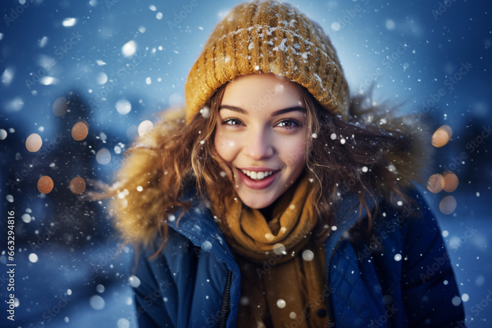 portrait of a smiling happy girl in snowy winter portrait of a smiling happy girl in snowy winter
