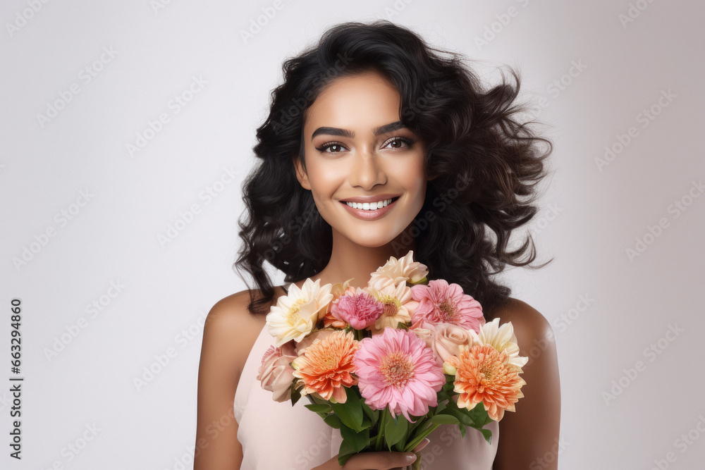 Young beautiful woman holding a bouquet of flowers in her hand.